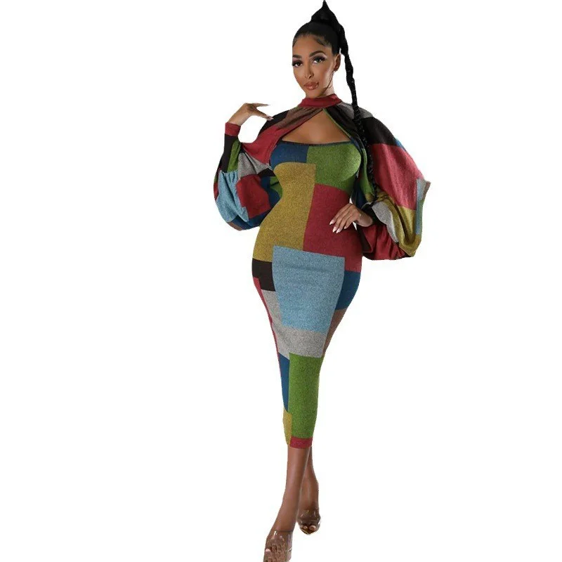 Uveng Uveng New Fashion Splicing Color Print Long-Sleeved Large-Size Dress