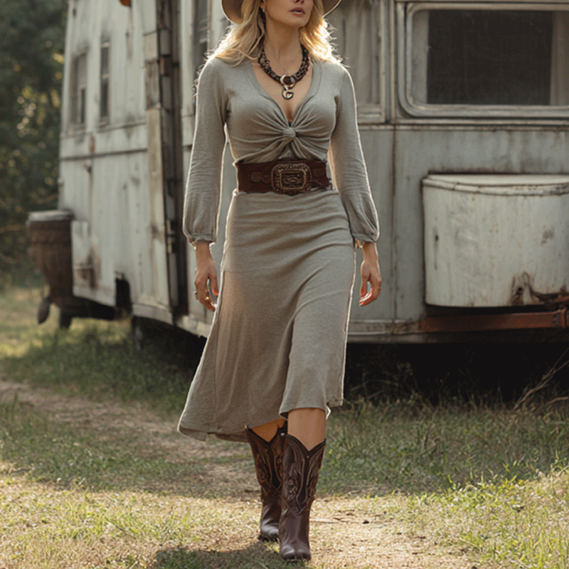 Cowgirl Elegant Gray V-neck Midi Dress With Cowboy Boots