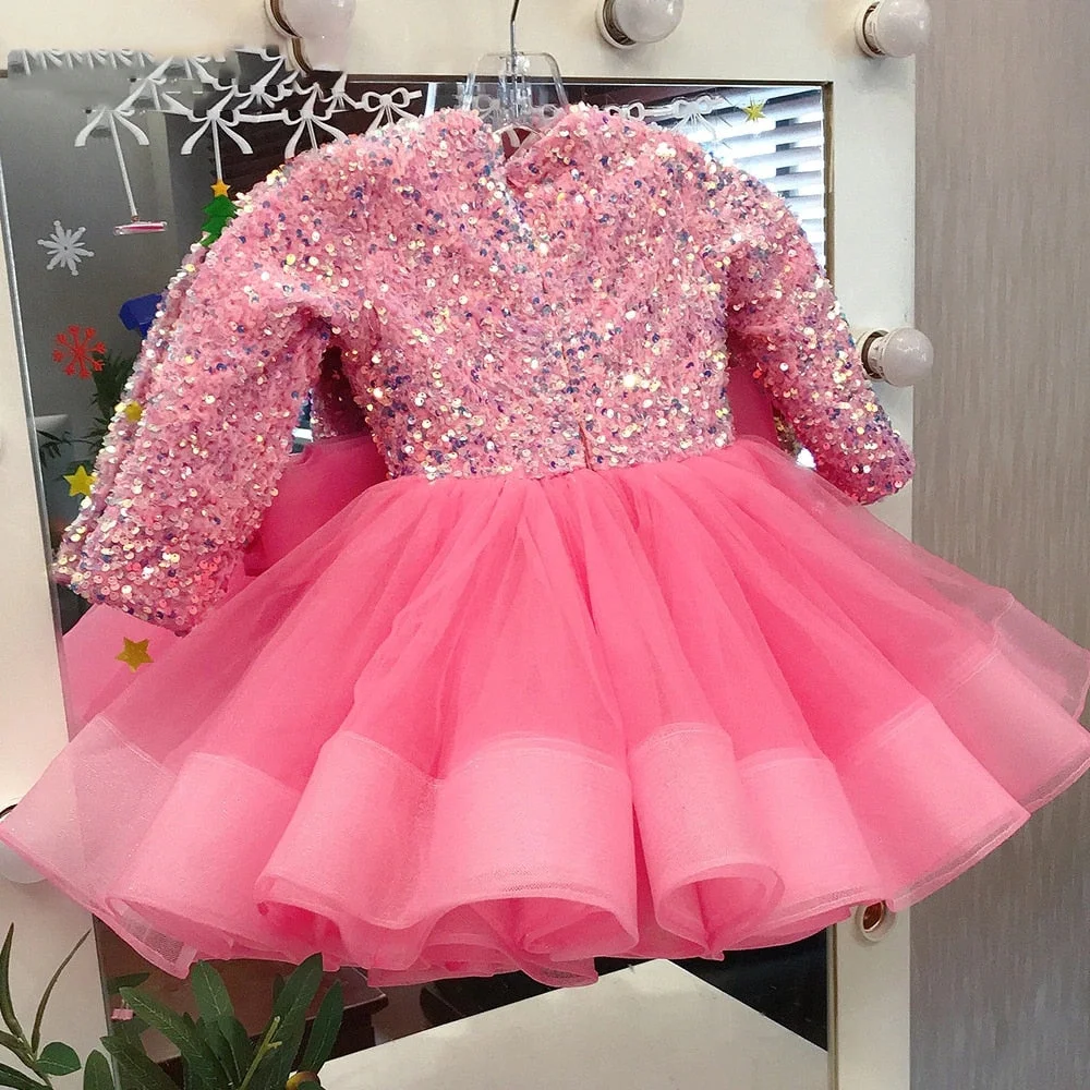 Fashion Girl Princess Long Sleeve Bow Dress Evening Child Clothes Pink Wedding Party Birthday Tutu Dress Vestidos 1-12 Years