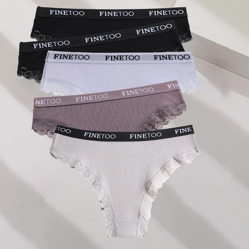 FINETOO 5PCS/Set M-XXL Cotton Panties Women's Letter Thong  Girls Brazilian Panty Sexy Lace Underwear For Woman Lingerie Bikini