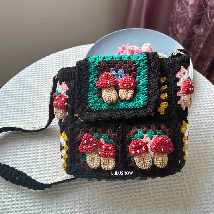 Lulusnow Handmade Mushroom Granny Square Crochet Crossbody Bag  Gift for Naturelover Mother's Day Gifts