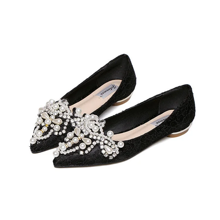 New sweet pointed flat shoes fairy pearl diamond pointed flat shoes QueenFunky