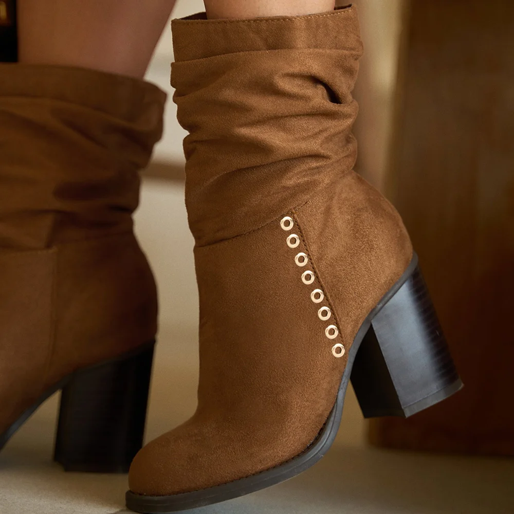 Brown Suede Almond Toe Boots Classic Block Slouch Calf Boots Nicepairs