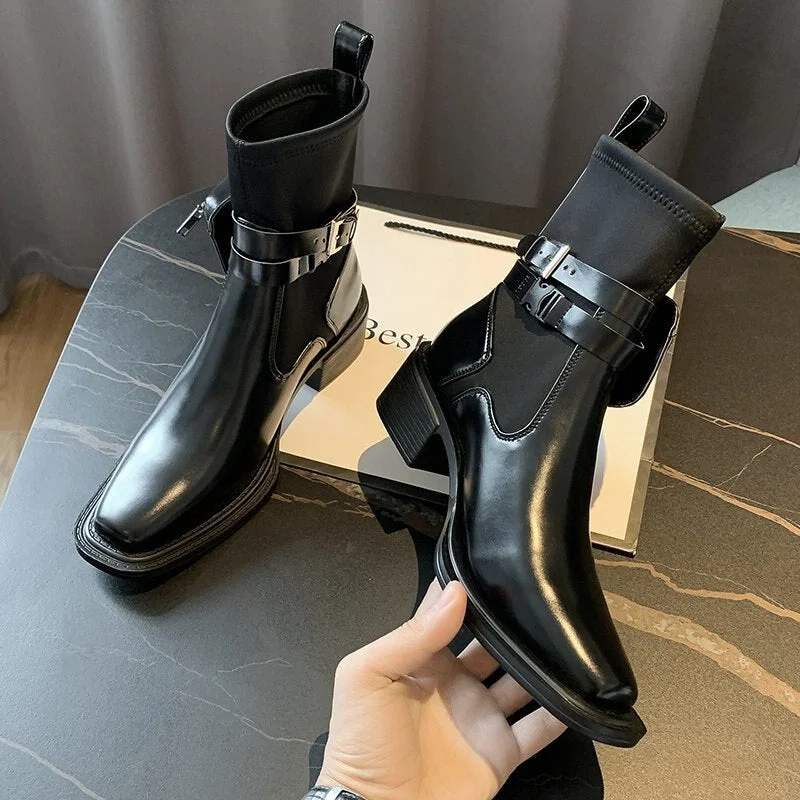 Elegant High Heel Women Fashion Pocket Boots Office Elite Slip-on Ladies Ankle Boots Leisure PU Black Square Head Women Shoes