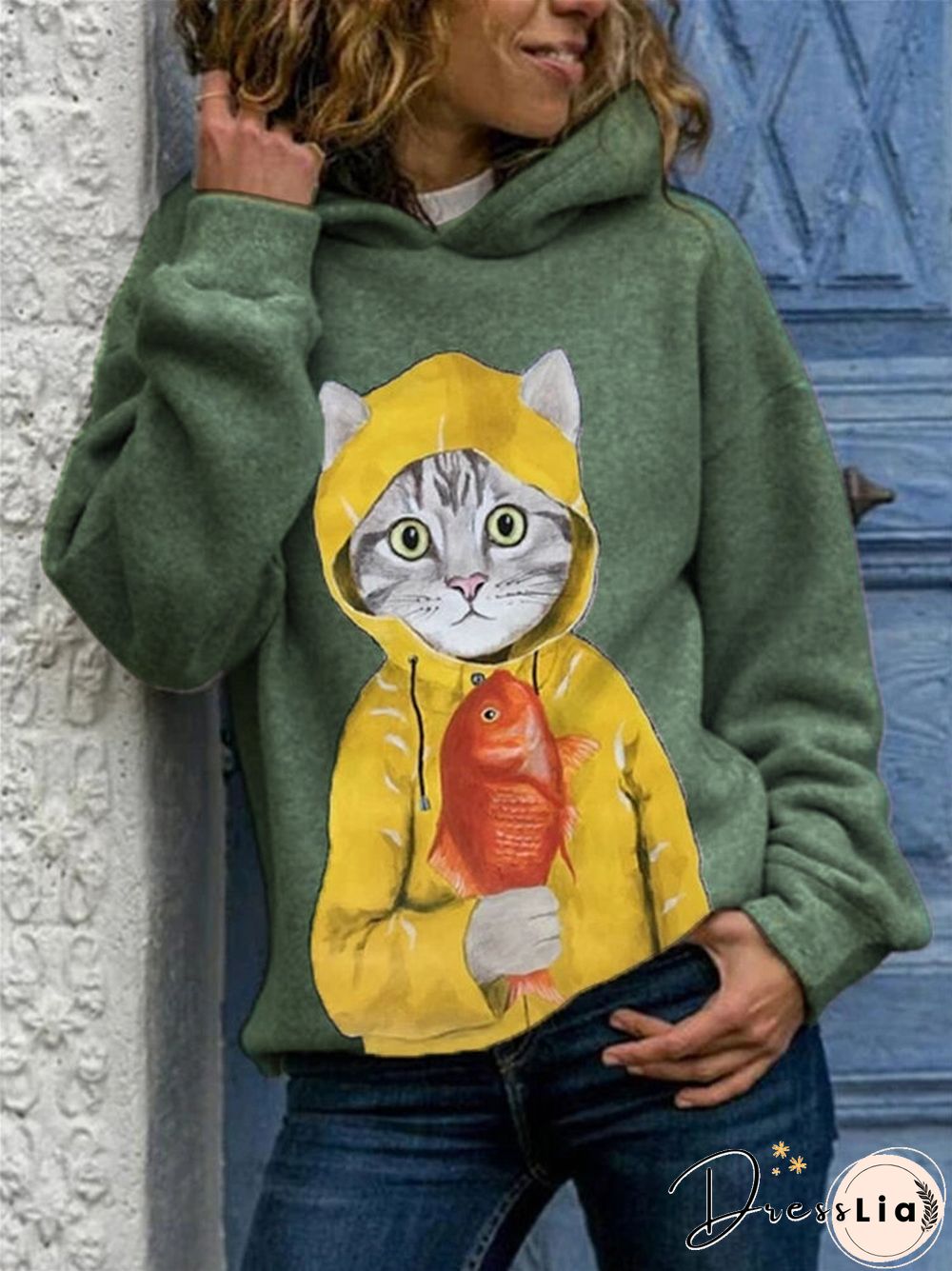 Cartoon Cat Print Long Sleeve Casual Hoodie For Women