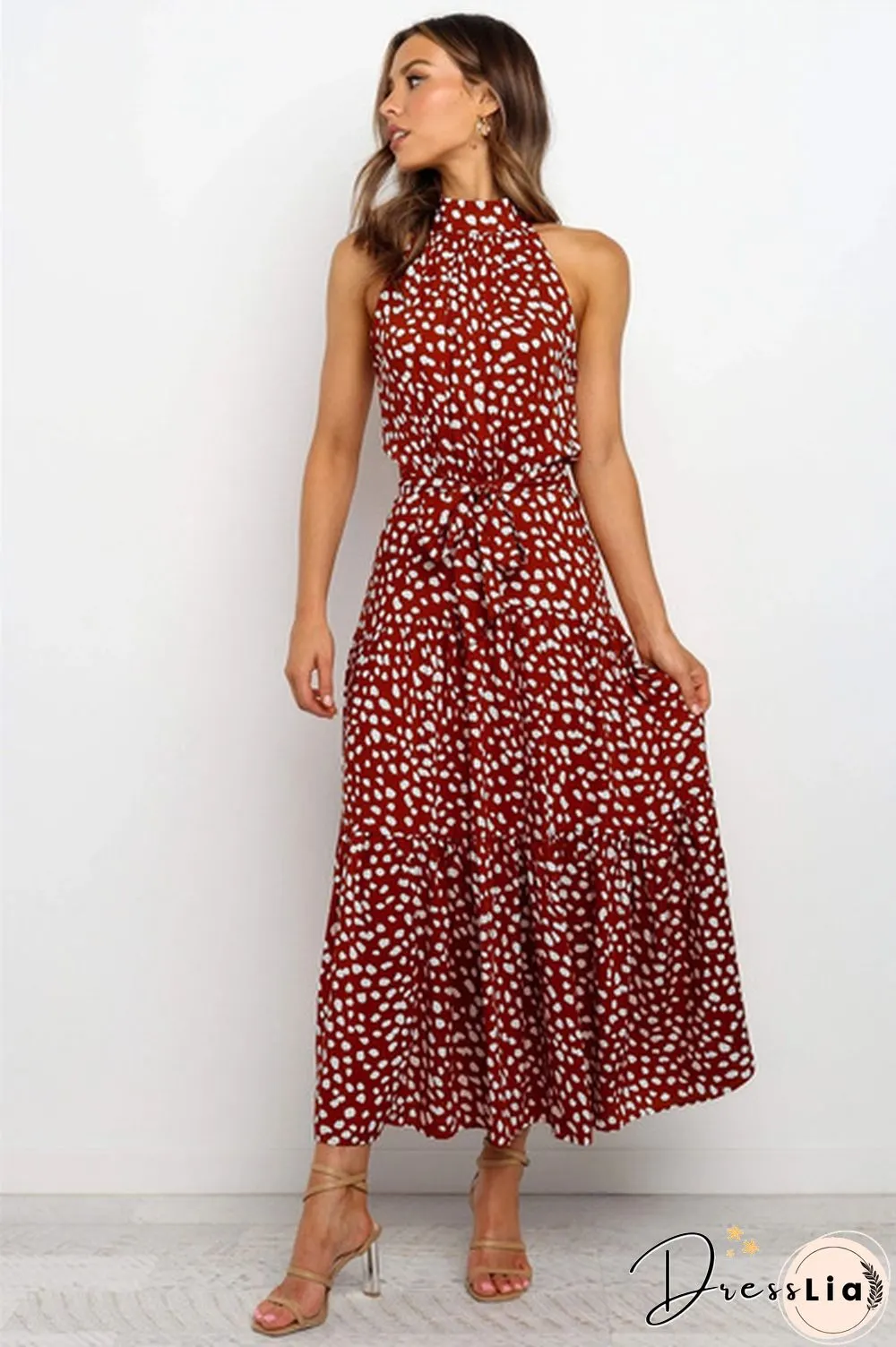 Plus Size Elegant Ladies Dress-Sleeveless-Collect Waist-Polka Dot-Long Boho Casual