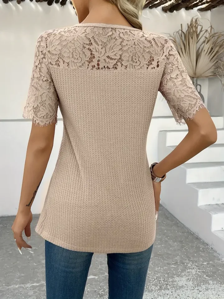 Moteriški elegantiški nėriniuoti viršutiniai, mėtų spalvos, mėtų žali, ilgi marškiniai, apvali iškirptė, trumpomis rankovėmis, asimetriški, gali būti naudojami laisvalaikiui arba suknelei, nėriniuoti kasdieniai, elegantiški, asimetriški, madingi, išskirtiniai siuvinėjimo detalės, 3