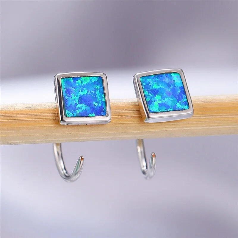 Simple Female White Opal Stone Earrings Trendy Silver Color Small Hoop Earrings Classic Bridal Square Wedding Earrings For Women