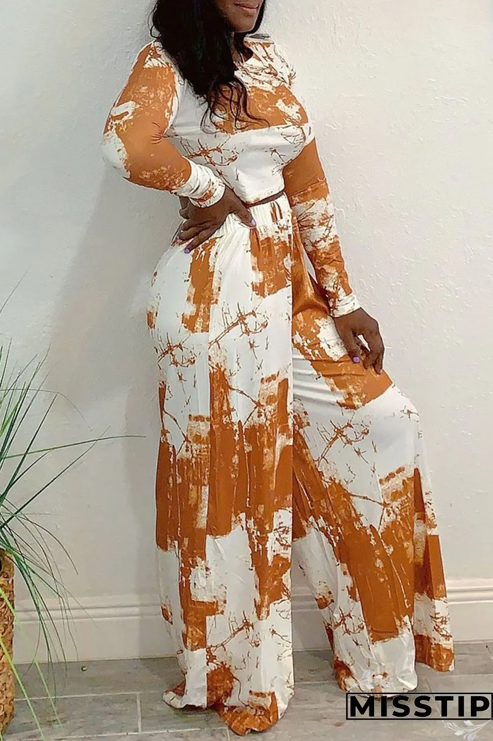 Orange Fashion Casual Print Patchwork O Neck Long Sleeve Two Pieces