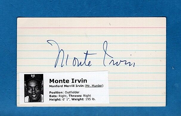 MONTE IRVIN-NY GIANTS AUTOGRAPHED 3X5 CARD W/Photo Poster painting-HOF (d.2016)