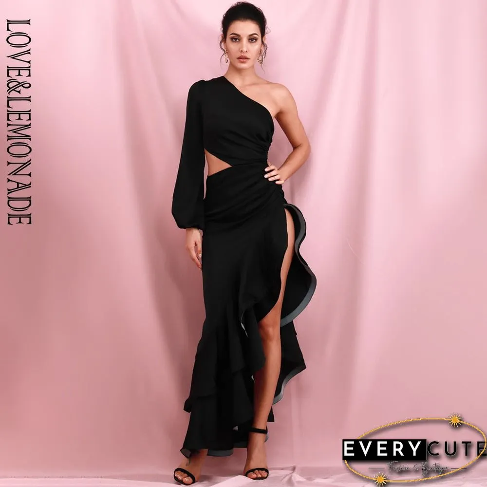 Sexy Black Off-Shoulder Side Whit Split Cut Out Ruffled Long Sleeve Maxi Dress LM82202-1