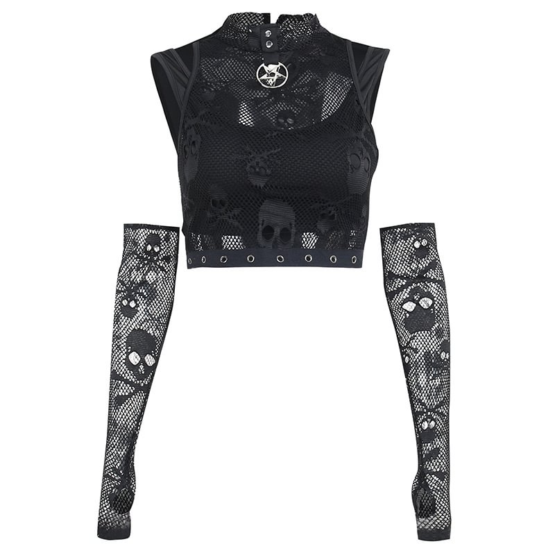 Dark Skull Mesh Sleeve Lace See-through Gothic Vest Two-piece Set