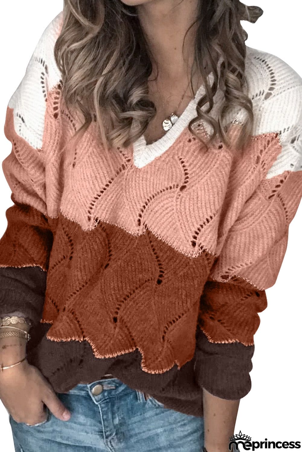 V Neck Colorblock Textured Knit Sweater