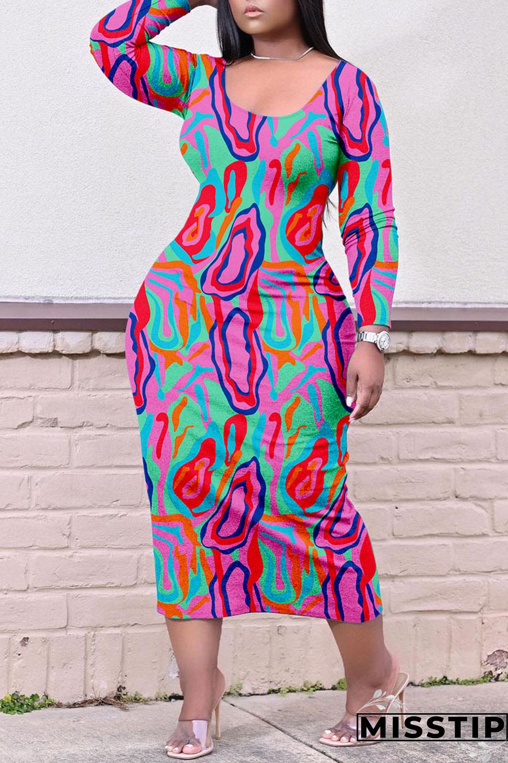 Colour Casual Print Patchwork O Neck Straight Plus Size Dresses