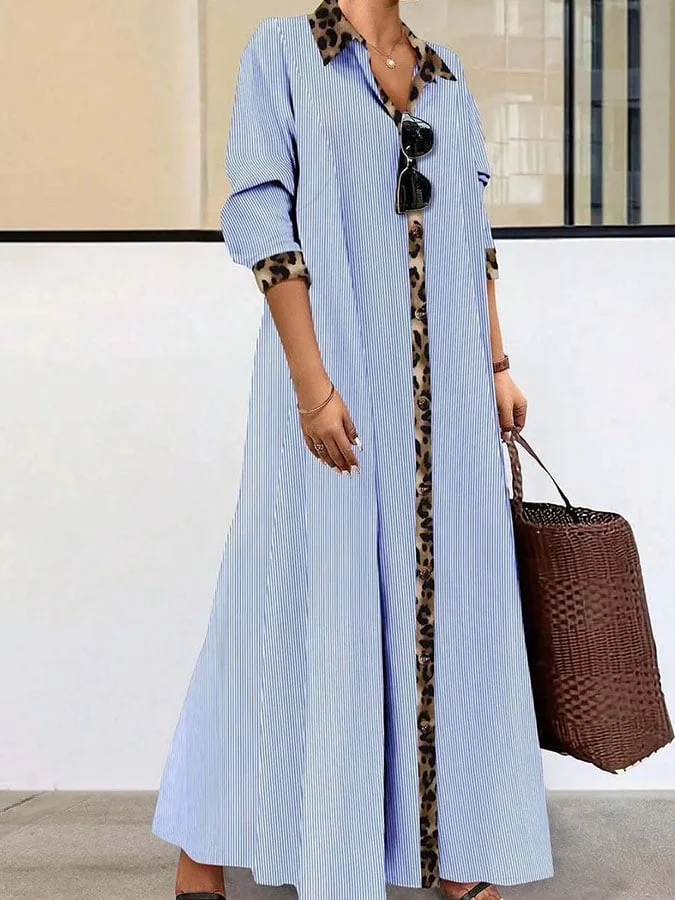Women's Casual Striped Leopard Print Loose Dress