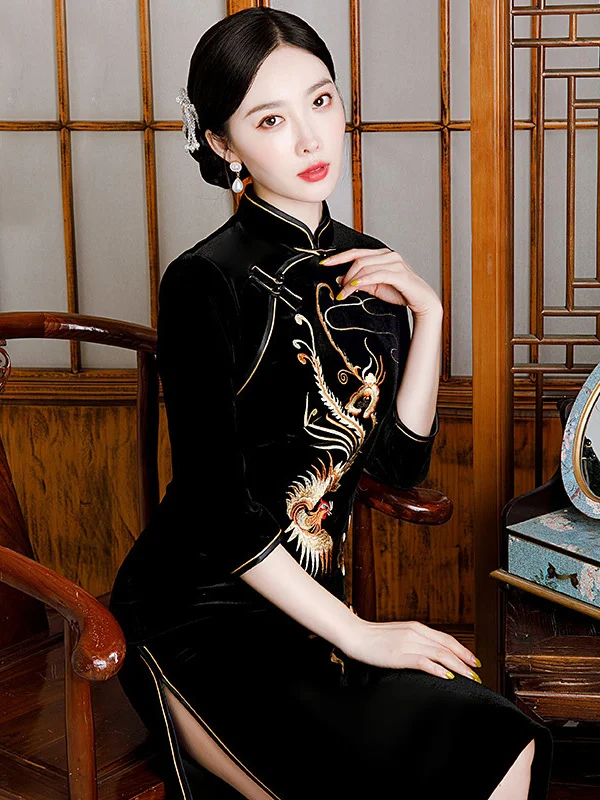 	Vintage Stand Up Collar Black Seven Part Sleeve Cheongsam Maxi Dress