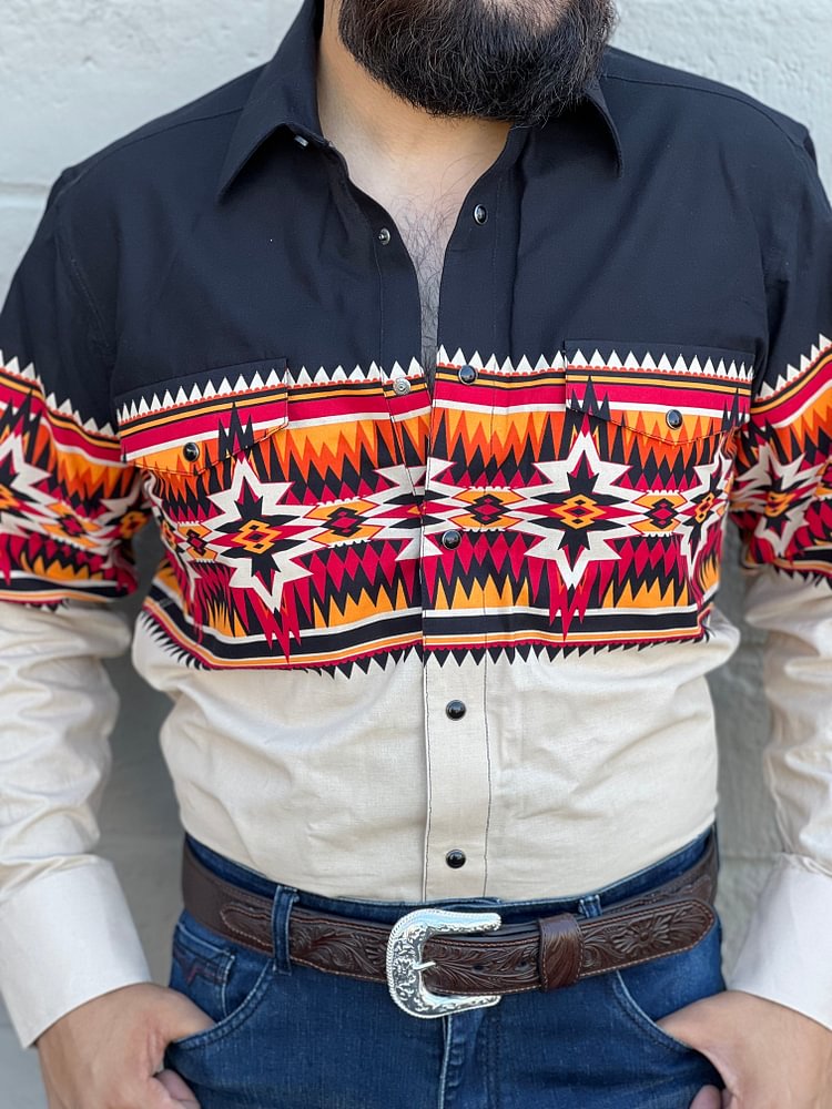 Rock and Roll Aztec Border Snap Long Sleeve Shirt