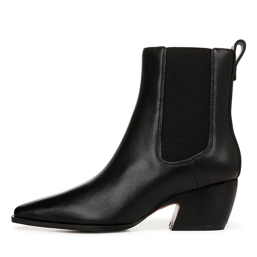 Black Vegan Leather Chunky Heel Snip Toe Booties for Women