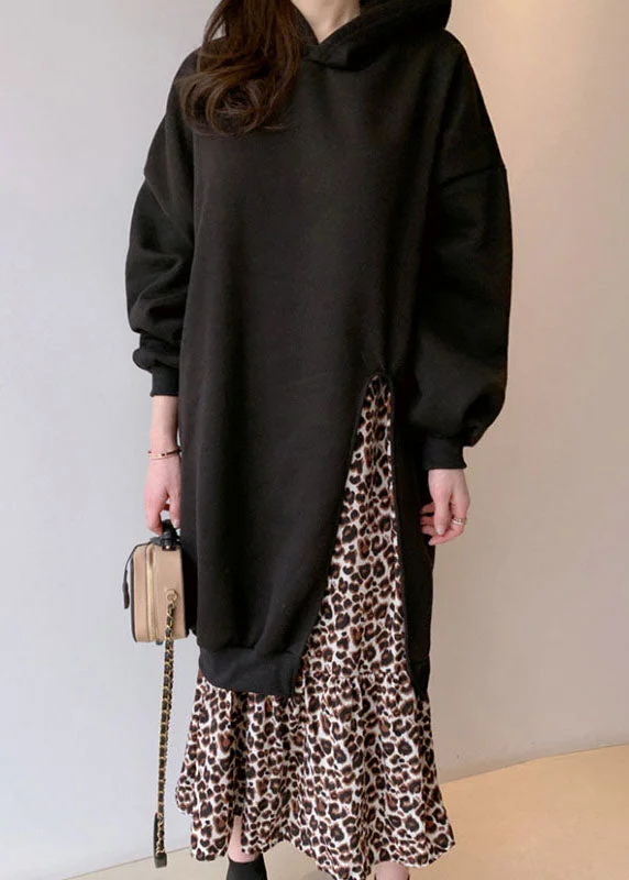 Handmade Black Hooded Patchwork Leopard False Two Pieces Cotton Dress Spring