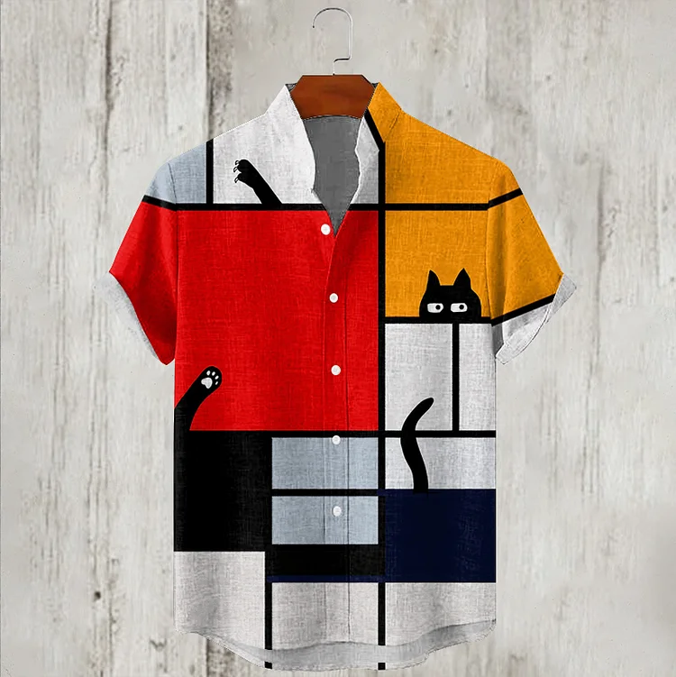Men's Casual Retro Colorblock Mondrian Cat Graphics Ink Art Linen Blend Cozy Shirt
