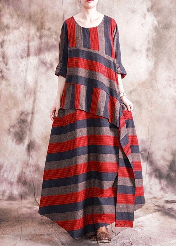 Art asymmetric linen dresses Catwalk red striped patchwork Dress fall