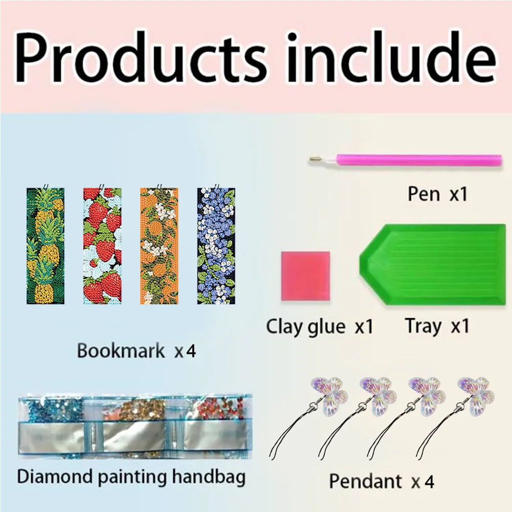 4Pcs Special Shaped Fruit 5D DIY Diamond Painting Book Mark Kit for Beginners