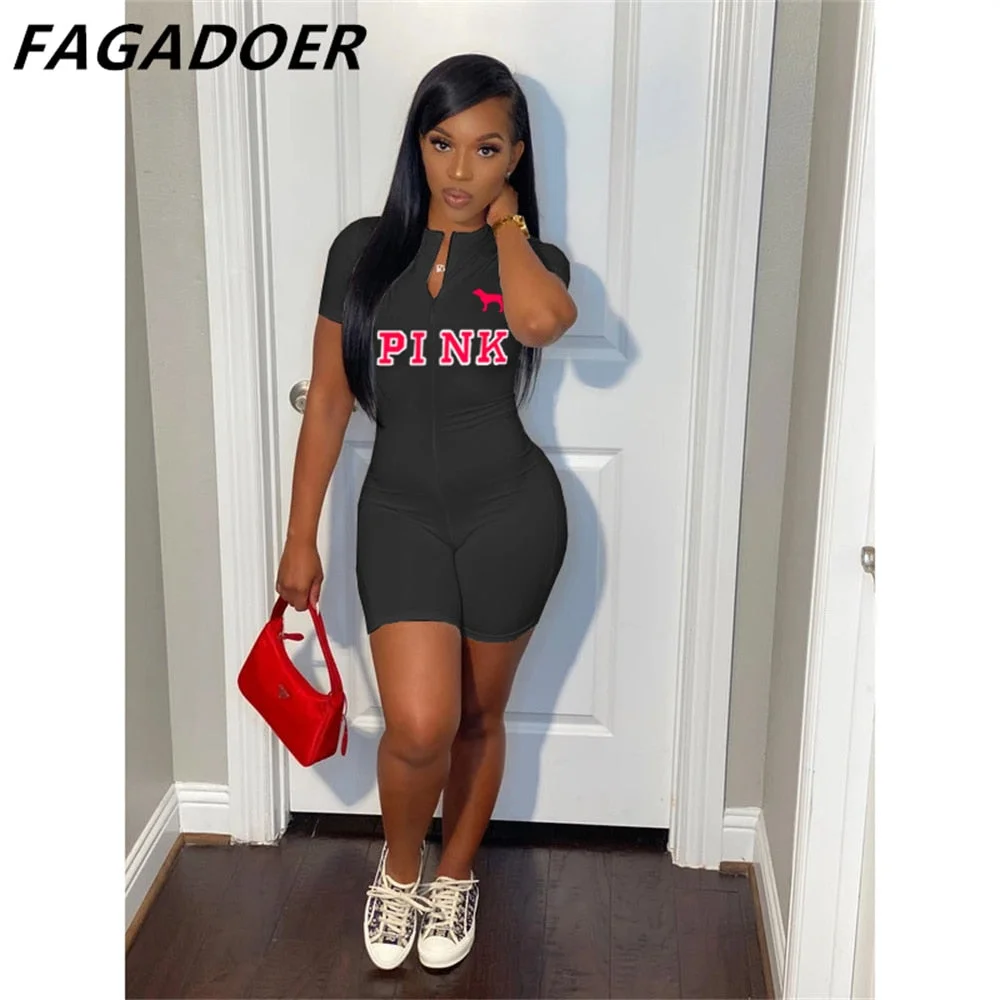 Casual Fashion  PINK Letter Print Skinny Playsuit Short Sleeve Solid Zipper Rompers Female Elastic Slim Bodysuits Summer Outfits