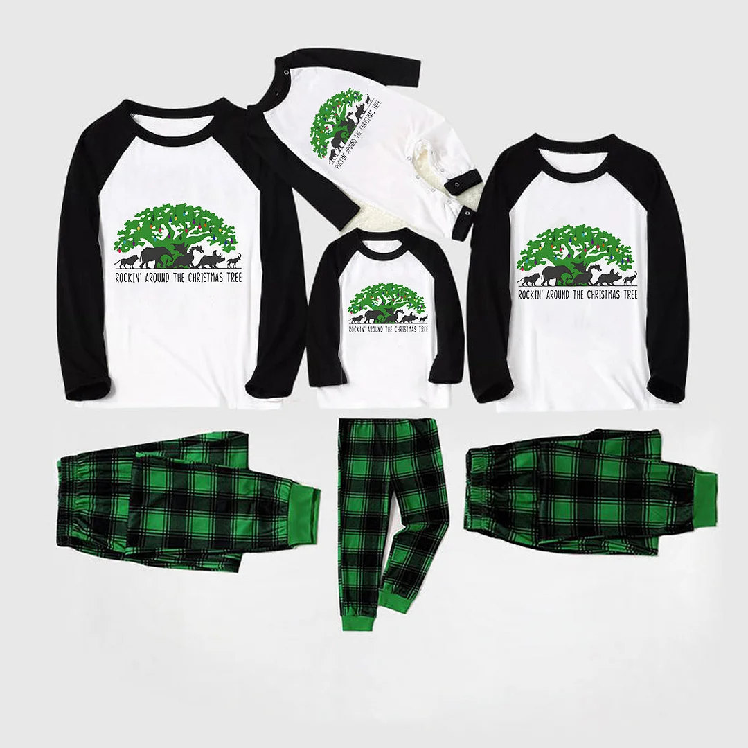 Family Christmas Shirts Christmas Tree Animal Kingdom Animal Kingdom Patterned and 'ROCKIN AROUND THE CHRISTMAS TREE' Letter Print Casual Long Sleeve Sweatshirts Black Contrast Top and Black and Gren Plaid Pants Family Matching Pajamas Sets