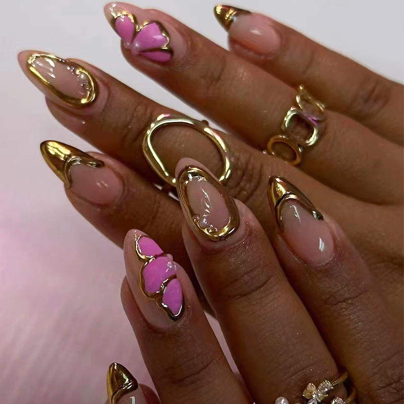 Damokan 24Pcs Simple French Nails Art Tips Fake Nails 3D Design Wearable Full Cover False Nail Mid-length Almond Reusable Press on Nails