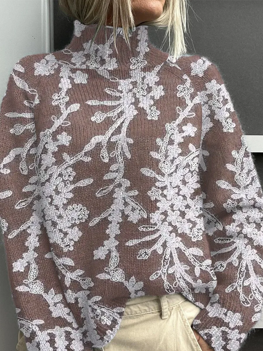 Vintage Lace Printed Knit Turtleneck Pullover Sweater