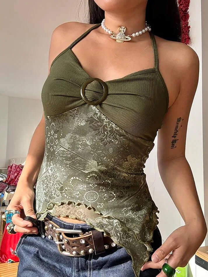 Brownm Halter Ruched Backless Patchwork Cami Top