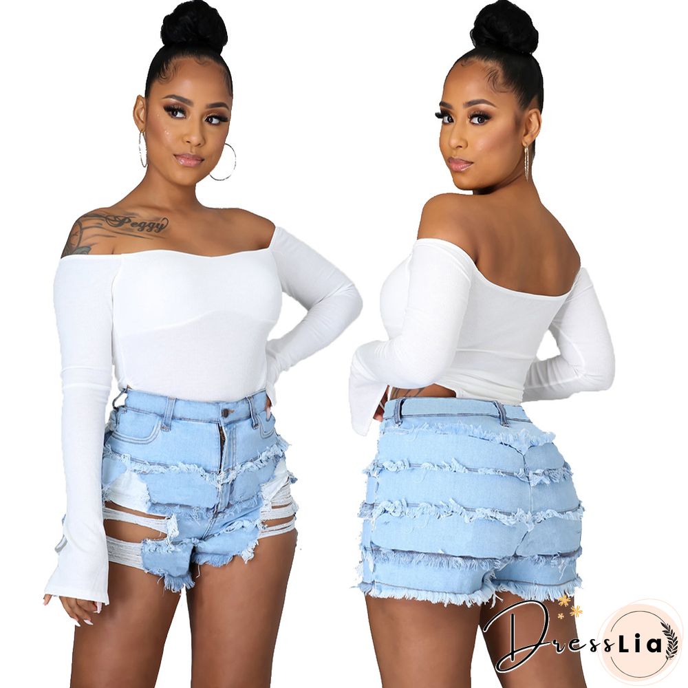Summer Sexy Patchwork Women Ripped High Waist Holes Stretch Streetwear Plus Size Denim