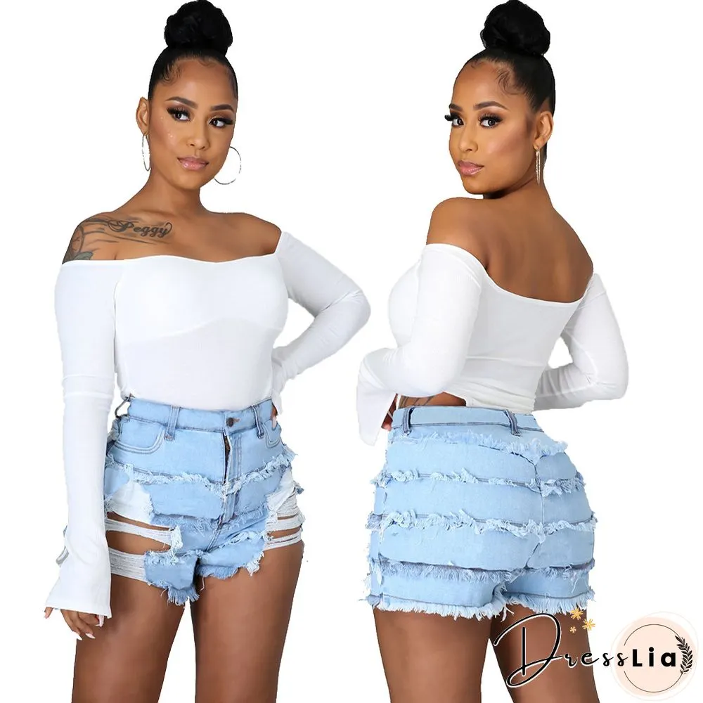 Summer Sexy Patchwork Women Ripped High Waist Holes Stretch Streetwear Plus Size Denim