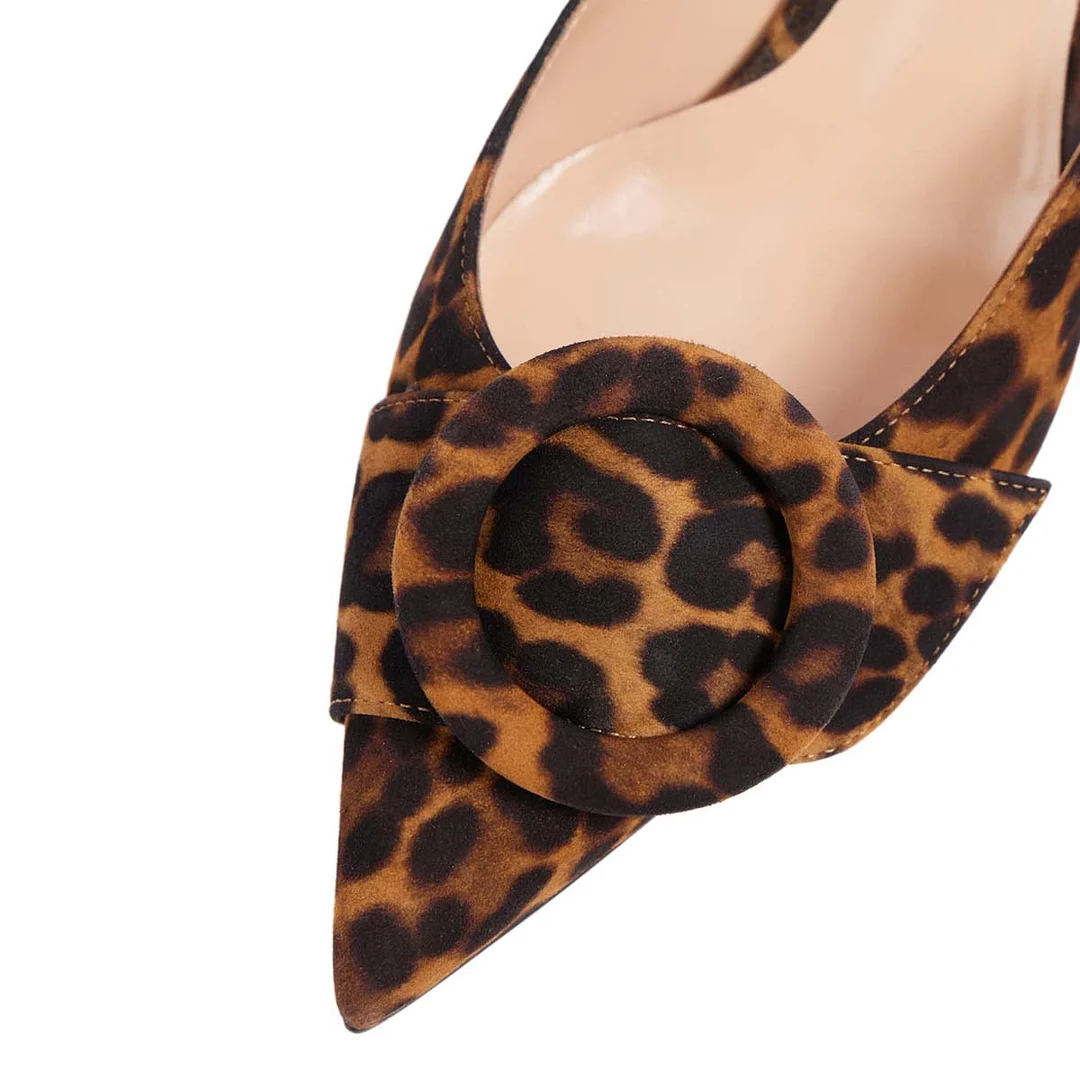 Leopard Print Pointed Toe Stiletto Heeled Mules with Round Buckle