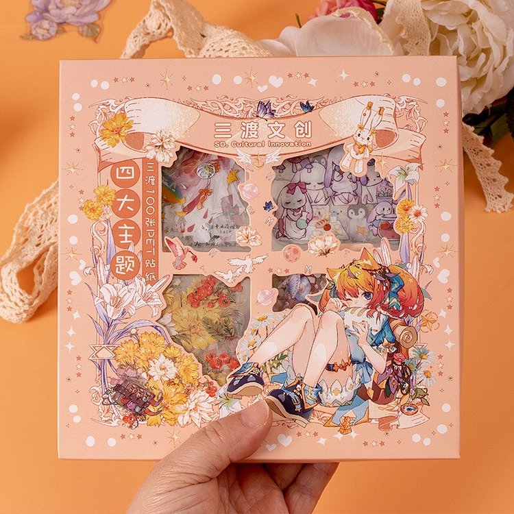 JOURNALSAY 100Sheets Cute Antiquity PET Boxed Stickers Cartoon Girl DIY Journal Scrapbooking