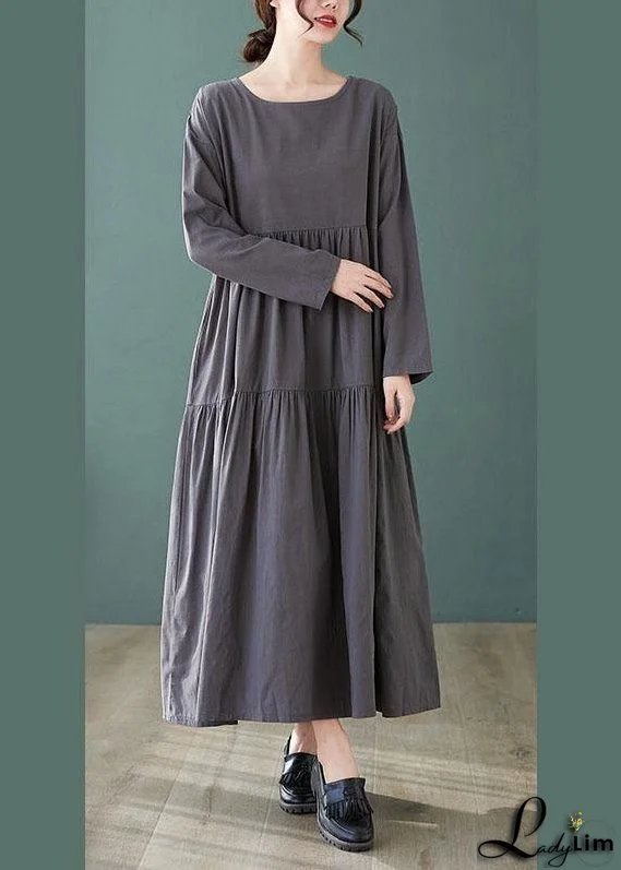Fashion Grey Loose Pockets wrinkled Fall Vacation Dresses Long sleeve