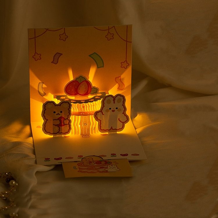 Music Lighting Greeting Card 3D Lovely Bear Birthday Cake LED Light Card Birthday Gifts