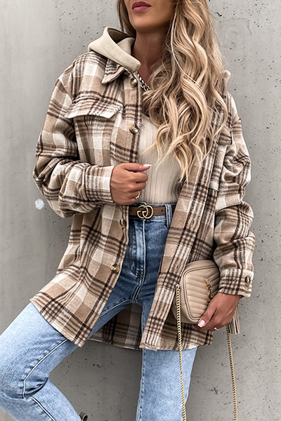 Casual Plaid Split Joint Buckle Hooded Collar Outerwear - Life is Beautiful for You - SheChoic