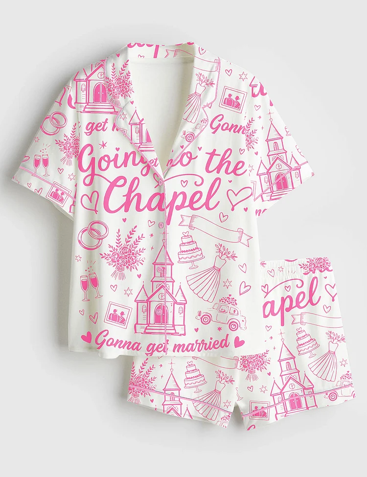 Women&rsquo;s Retro Bachelorette Going To The Chapel Gonna Get Married Coquette Wedding Party Print Short Sleeve Satin Pajama Set