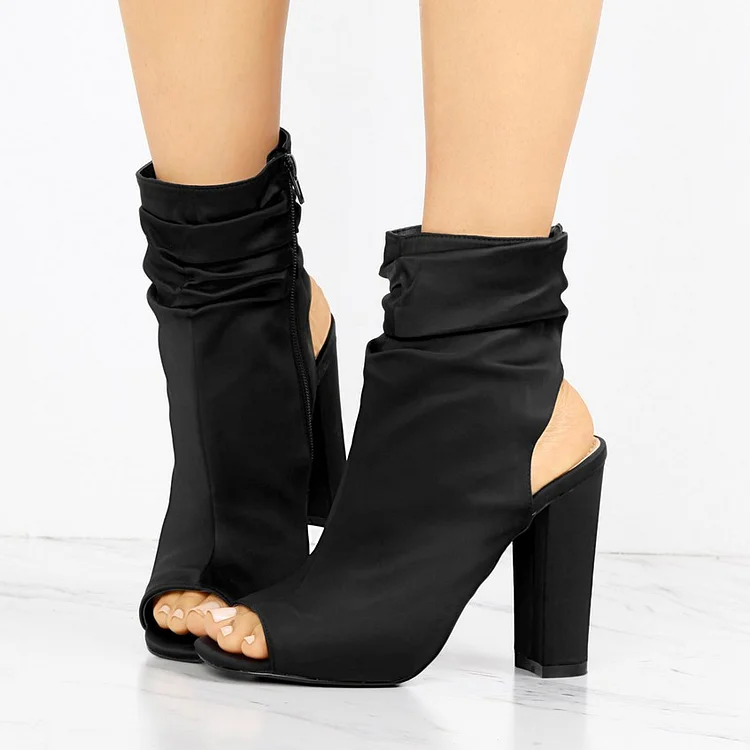 Women's Black Peep Toe Booties Chunky Slingback Heels Boots |FSJ Shoes