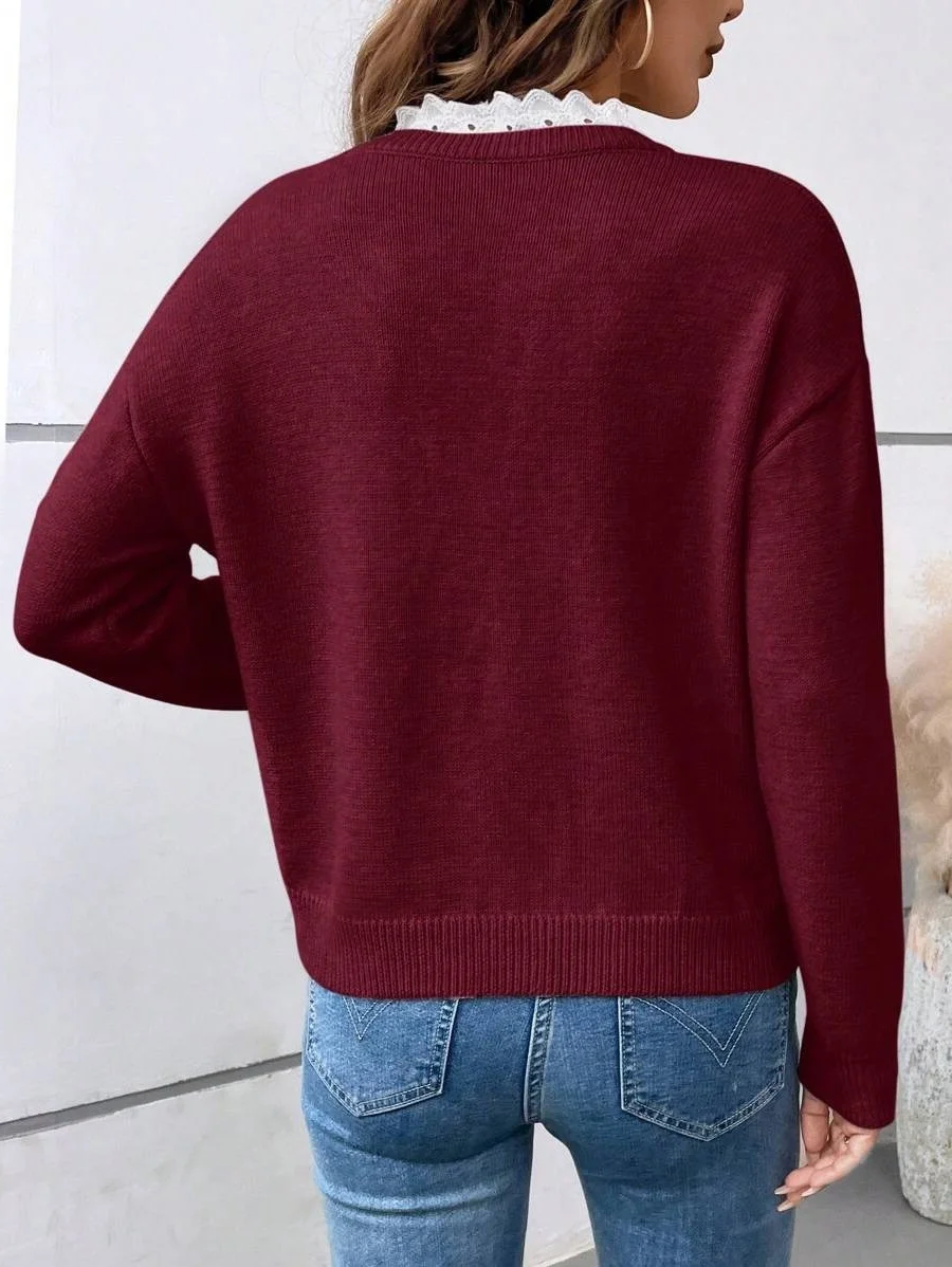 Athvotar Athvotar 2025 New Fashion Lace V-Neck Sweater Solid Color Loose Long-Sleeved Knitwear Shirt