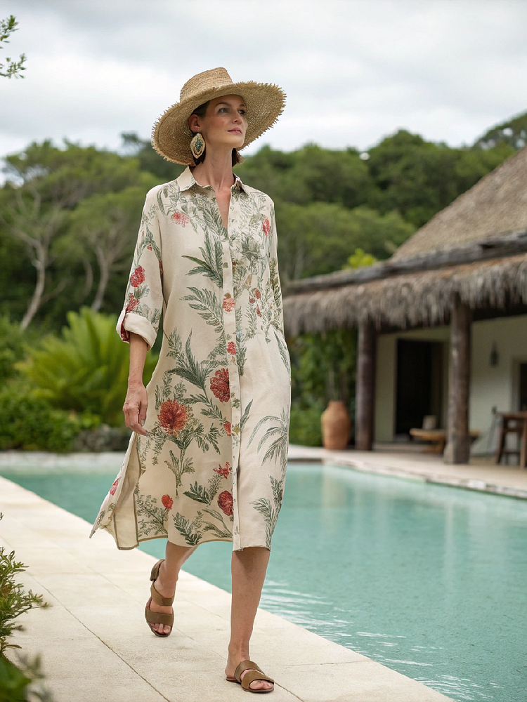 Cotton and linen women's resort shirt dress