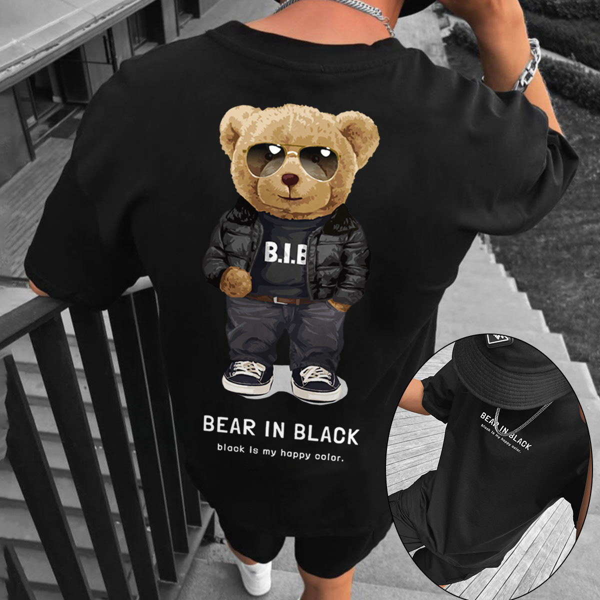 Teddy Bear Print Fashion Casual Oversized Men's T-Shirt