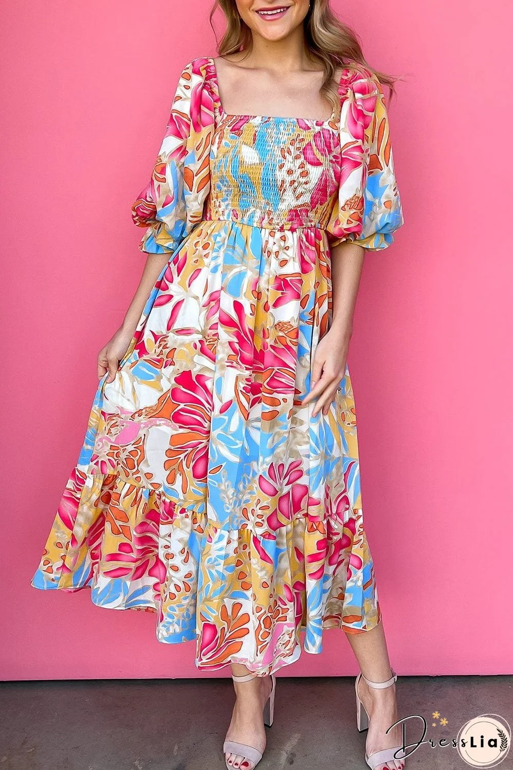 Tropical Paradise Rose Red Smocked Puff Sleeve Maxi Dress