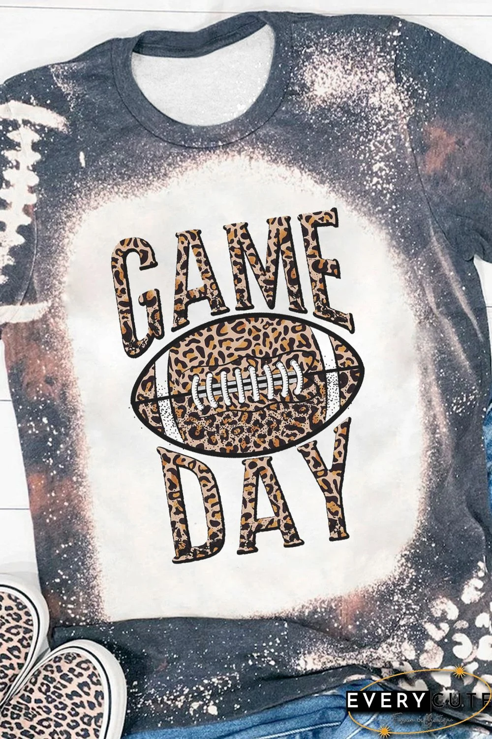 Multicolor GAME DAY Leopard Football Graphic Print Crew Neck T Shirt