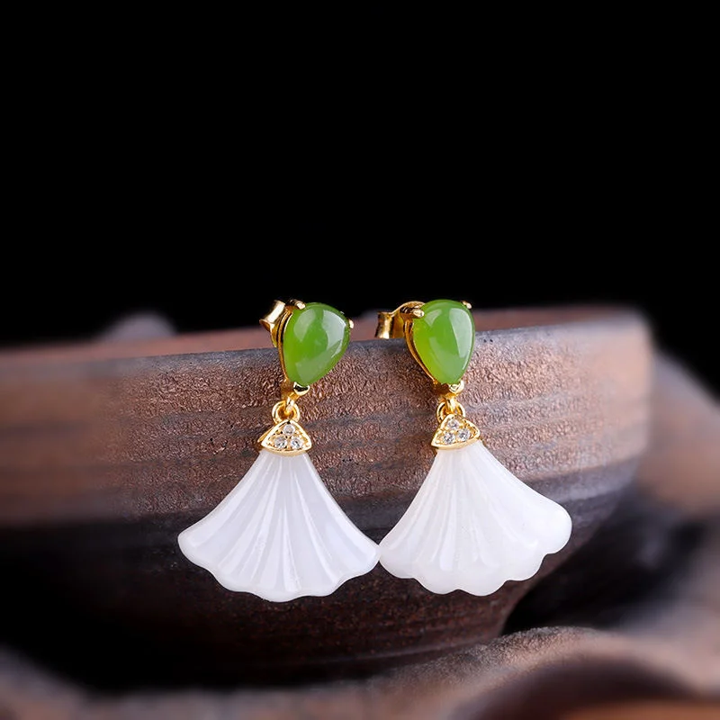 Silver inlaid natural Hetian white jade fan Earrings Chinese style retro fresh FAIRY CHARM Christmas Halloween Gift