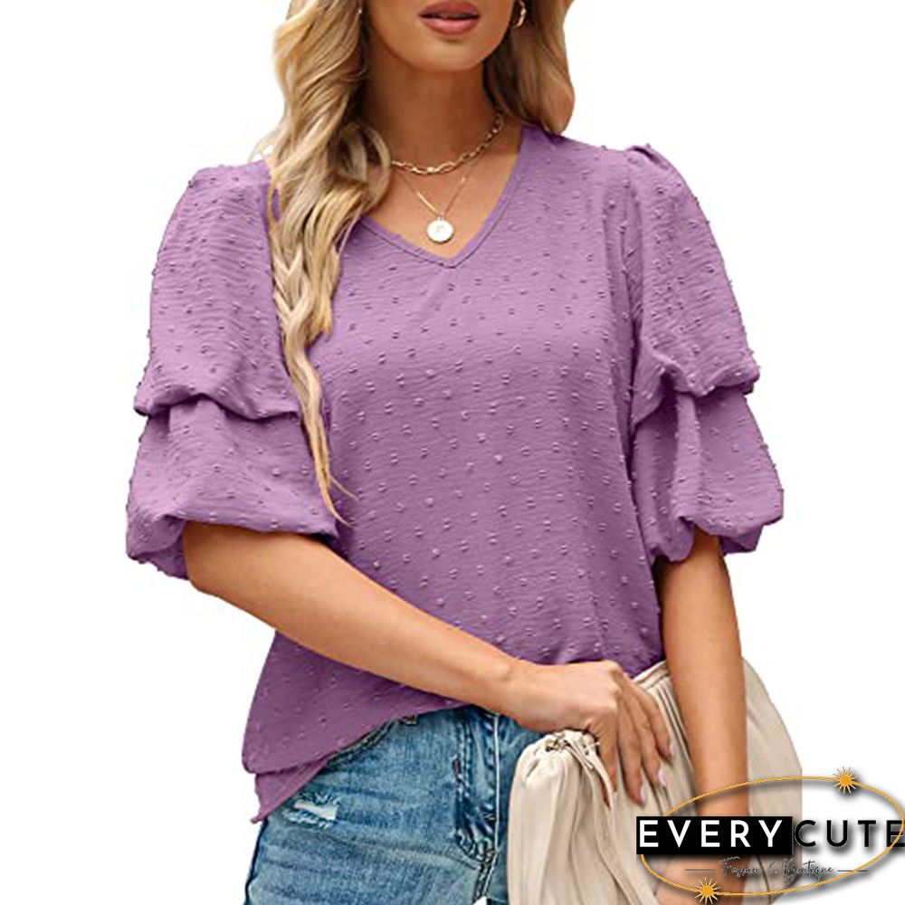 Purple Swiss Dot Puff Short Sleeve V Neck Top