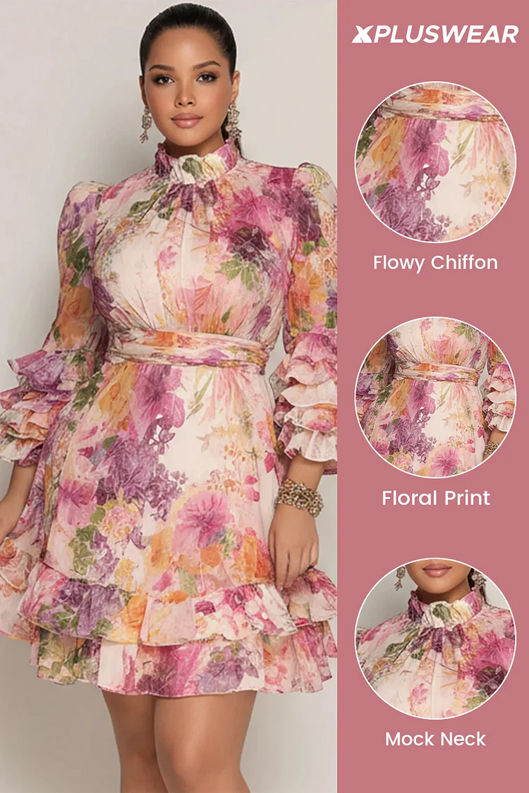 Xpluswear Design Plus Size Wedding Guest Pink Floral Mock Neck 3/4 Sleeve Ruffle Chiffon Mini Dresses [Pre-Order]