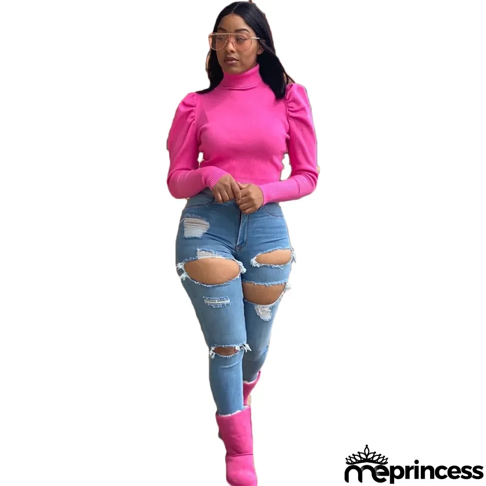 Solid Turtleneck Knitted Long Sleeve Slim Tops