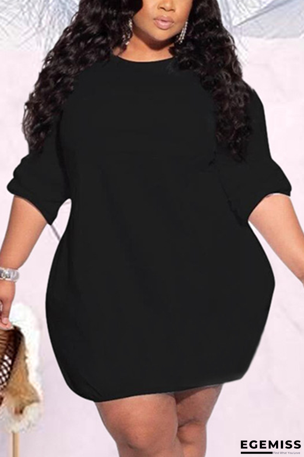 Black Fashion Casual O Neck Long Sleeve Regular Sleeve Solid Long Sleeve Dress Plus Size | EGEMISS